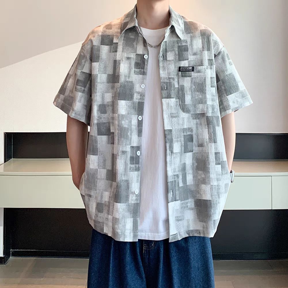 美式復古格子寬鬆薄款痞帥休閑短袖襯衫