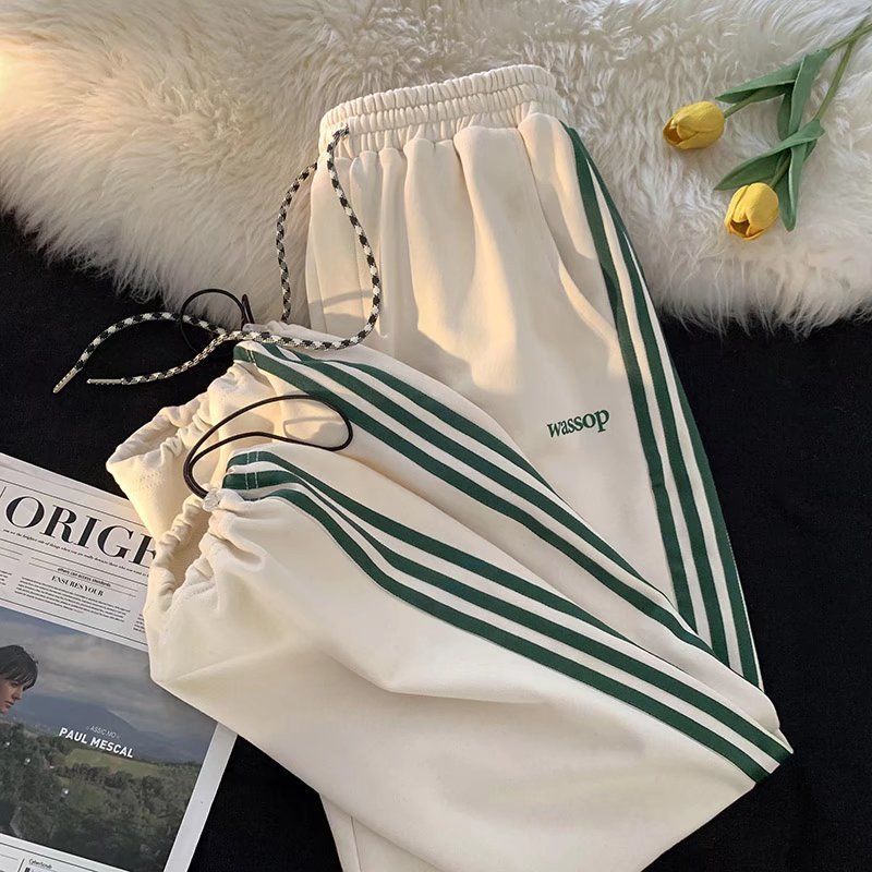 潮流束腳寬鬆百搭闊腿三條桿條紋運動休閒褲