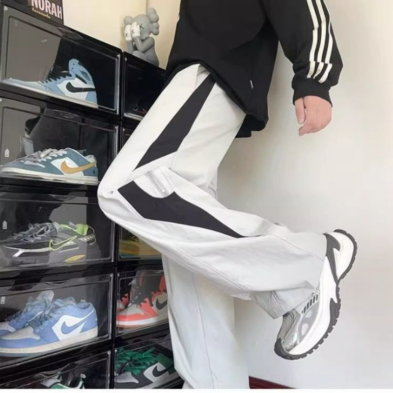 美式高街拼接撞色工裝寬鬆直筒百搭潮流運動褲