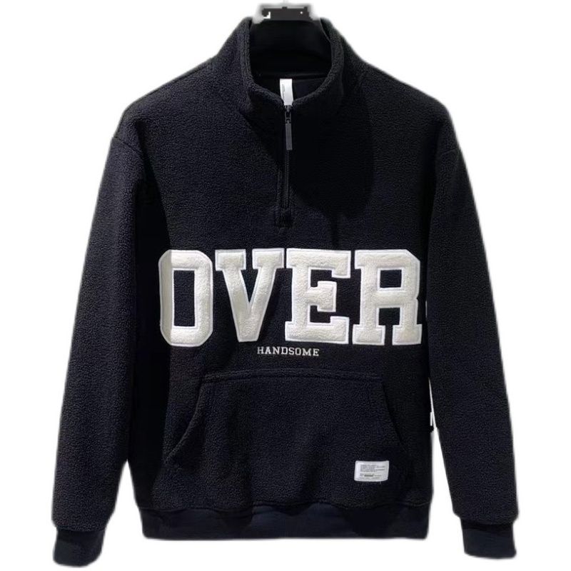 潮流休閒刺繡半拉鍊加厚搖粒絨立領長袖打底衫