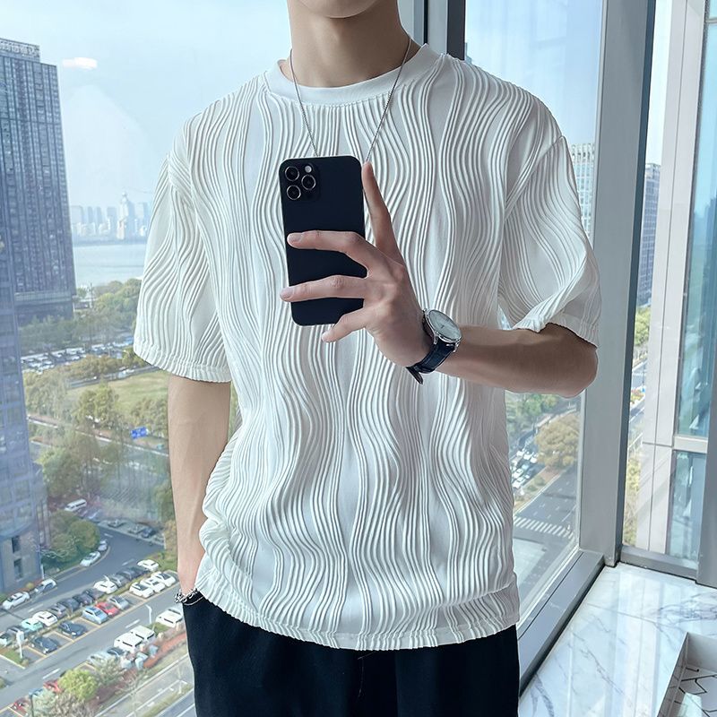 潮流帥氣設計感寬鬆波浪紋薄款短袖T恤