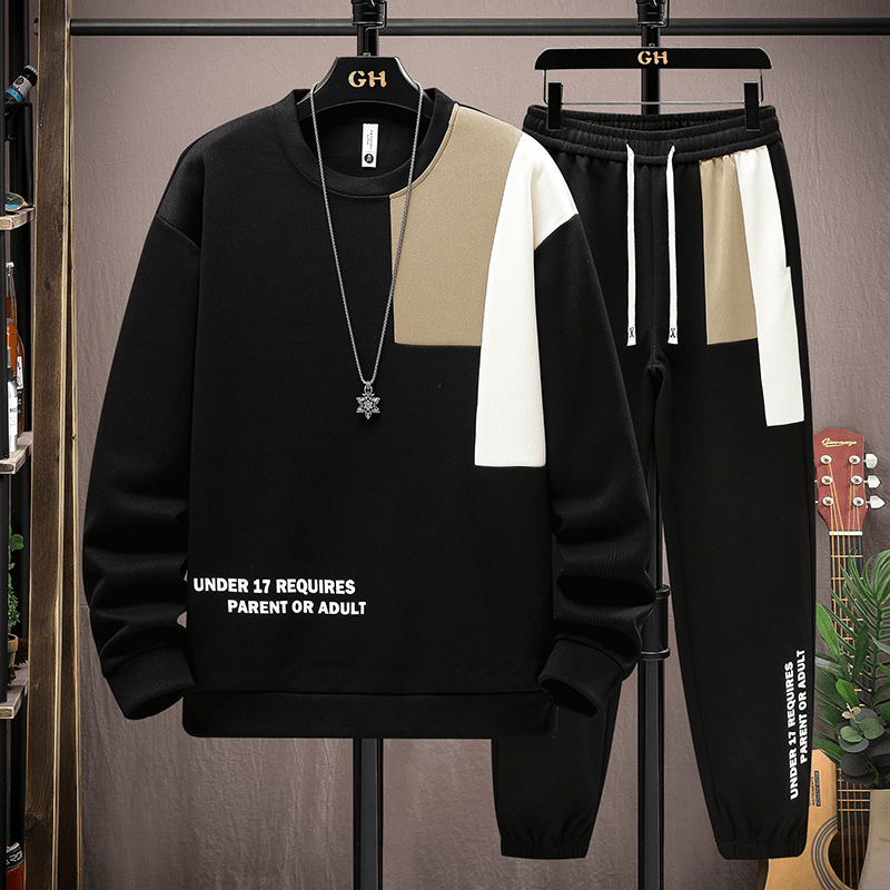 【整套】韓版潮流拼色圓領長袖T恤+寬鬆百搭運動休閒褲兩件套