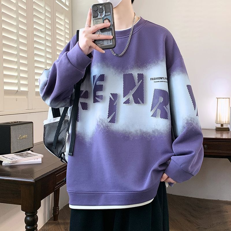 圓領刷毛加厚字母印花寬鬆帥氣長袖T恤