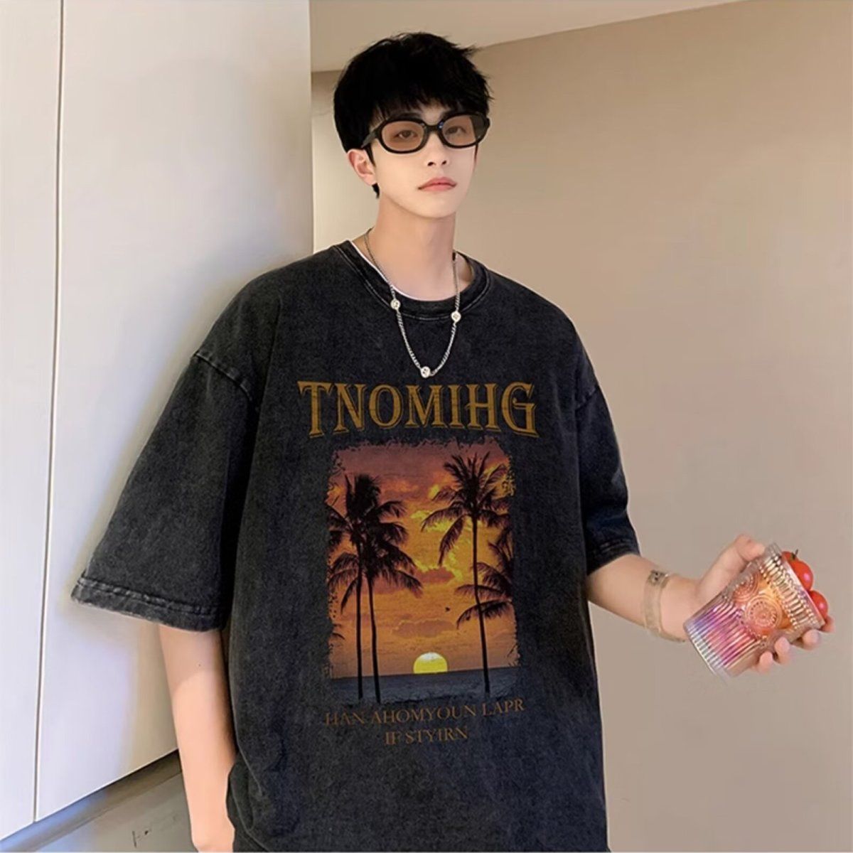 【整套】美式復古潮流高街短袖t恤+薄款休閑牛仔短褲兩件套