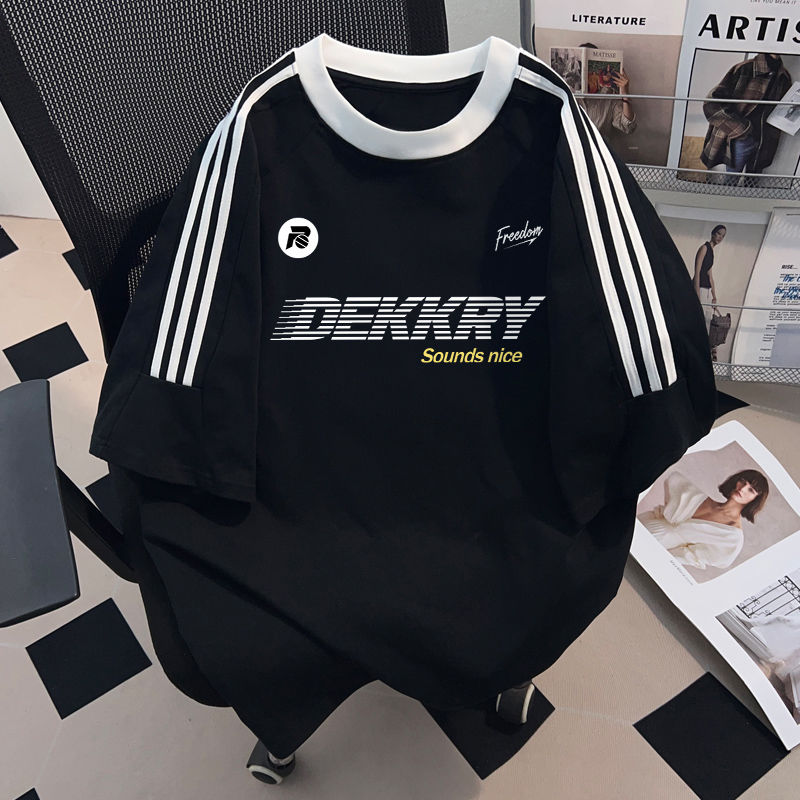 純棉短袖T恤男女夏季美式潮牌字母印花寬鬆三條杠半袖上衣