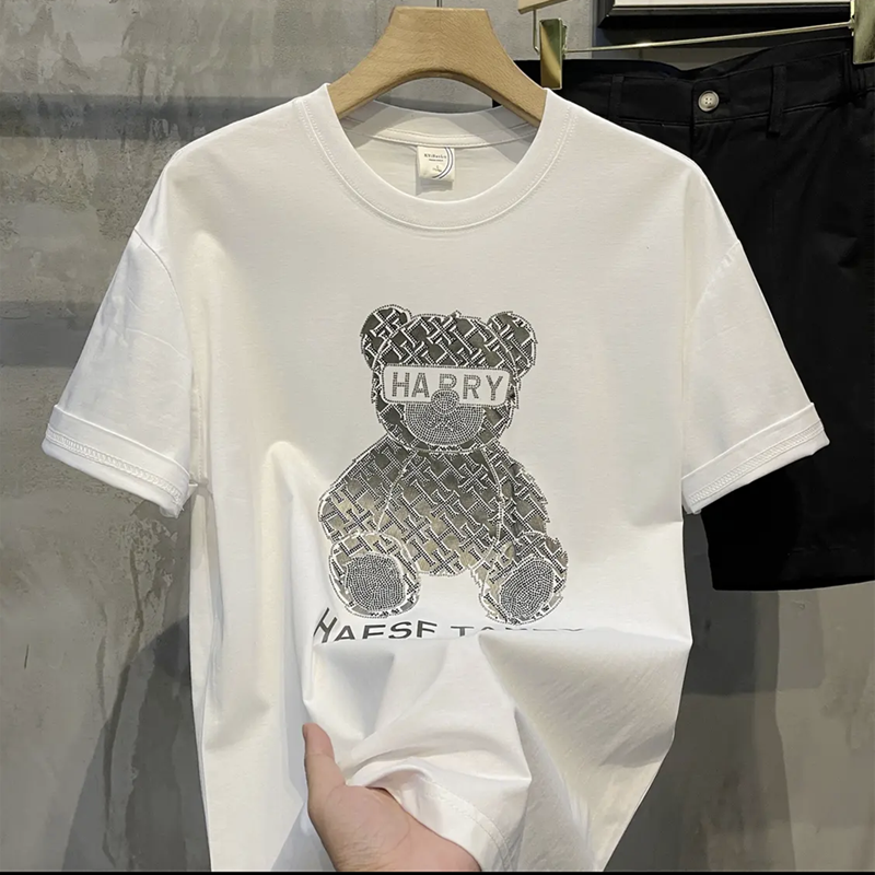 輕奢小熊燙鑽時尚圓領休閒百搭短袖T恤