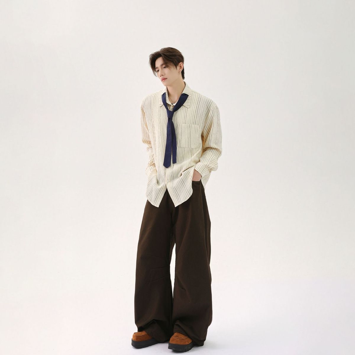 【單件/套裝】美式復古設計感學院風豎紋長袖襯衫+領帶+百搭休閒西裝褲三件套