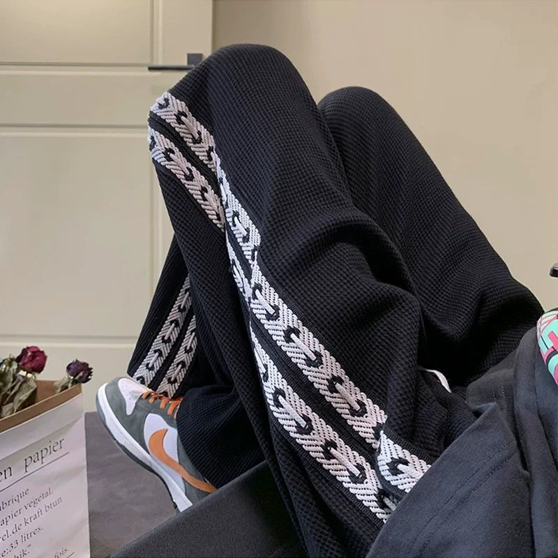 美式高街華夫格潮牌直筒闊腿褲裝