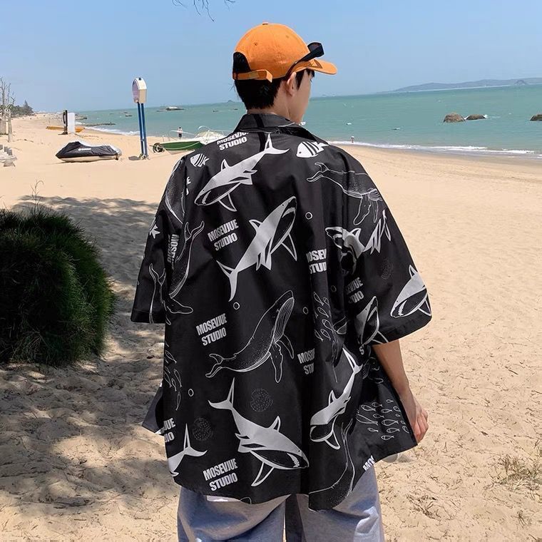 【單件/套裝】鯨魚印花情侶寬松短袖襯衫+T恤+潮流百搭休閑褲三件套