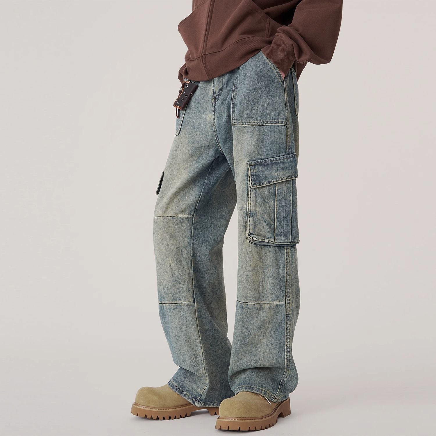 潮流多口袋工裝寬鬆直筒高街美式復古拼接牛仔褲