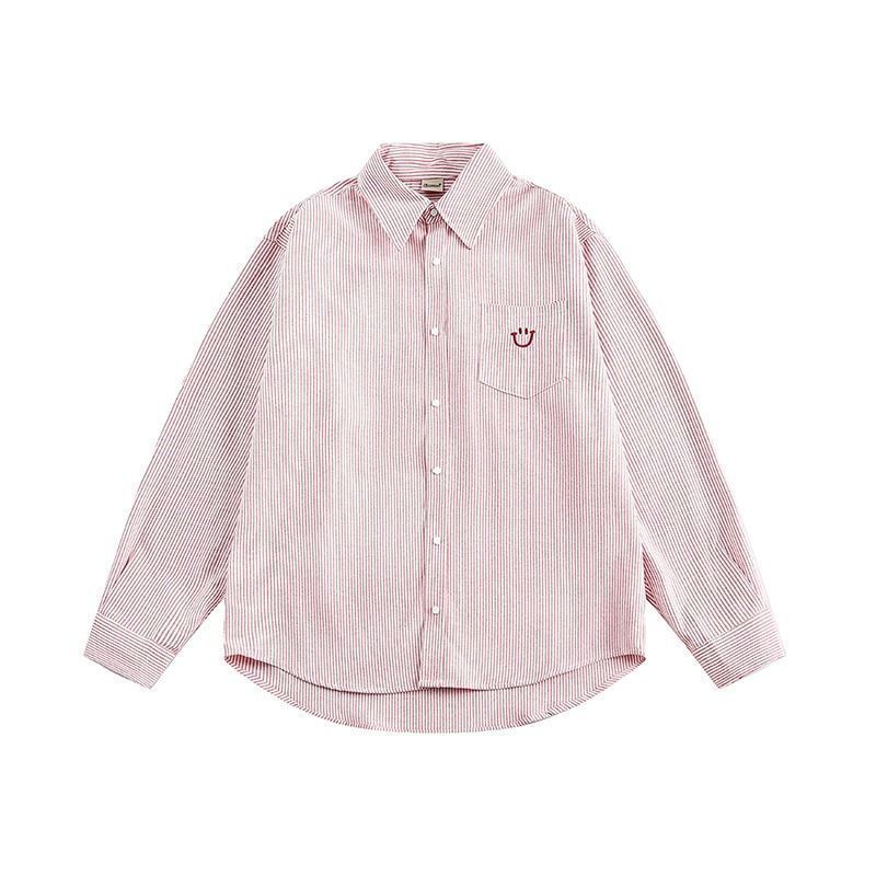 新款春秋情侶款刺繡笑臉條紋襯衫長袖外套寬鬆學院風休閒百搭襯衣
