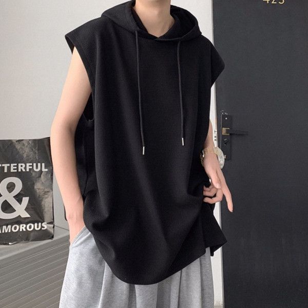 華夫格港風寬鬆帥氣連帽坎肩無袖背心