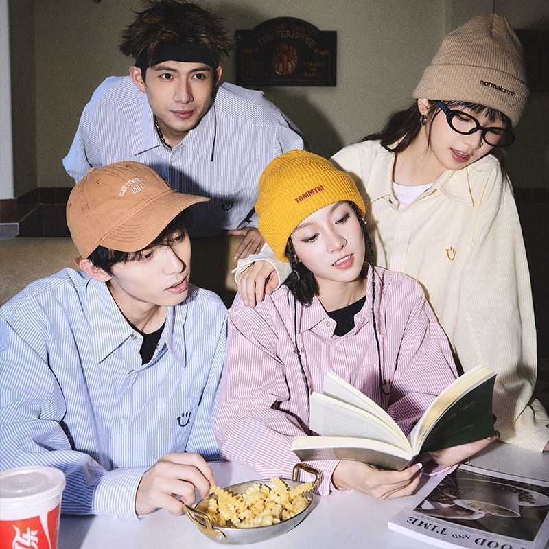 新款春秋情侶款刺繡笑臉條紋襯衫長袖外套寬鬆學院風休閒百搭襯衣