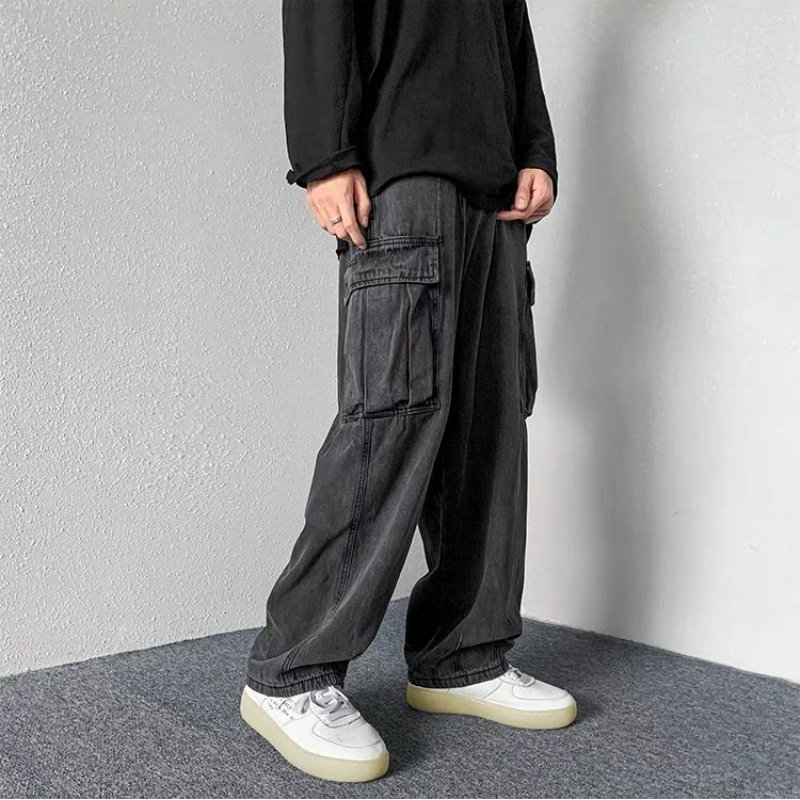 韓版潮流寬鬆直筒慵懶水洗闊腿工裝牛仔褲