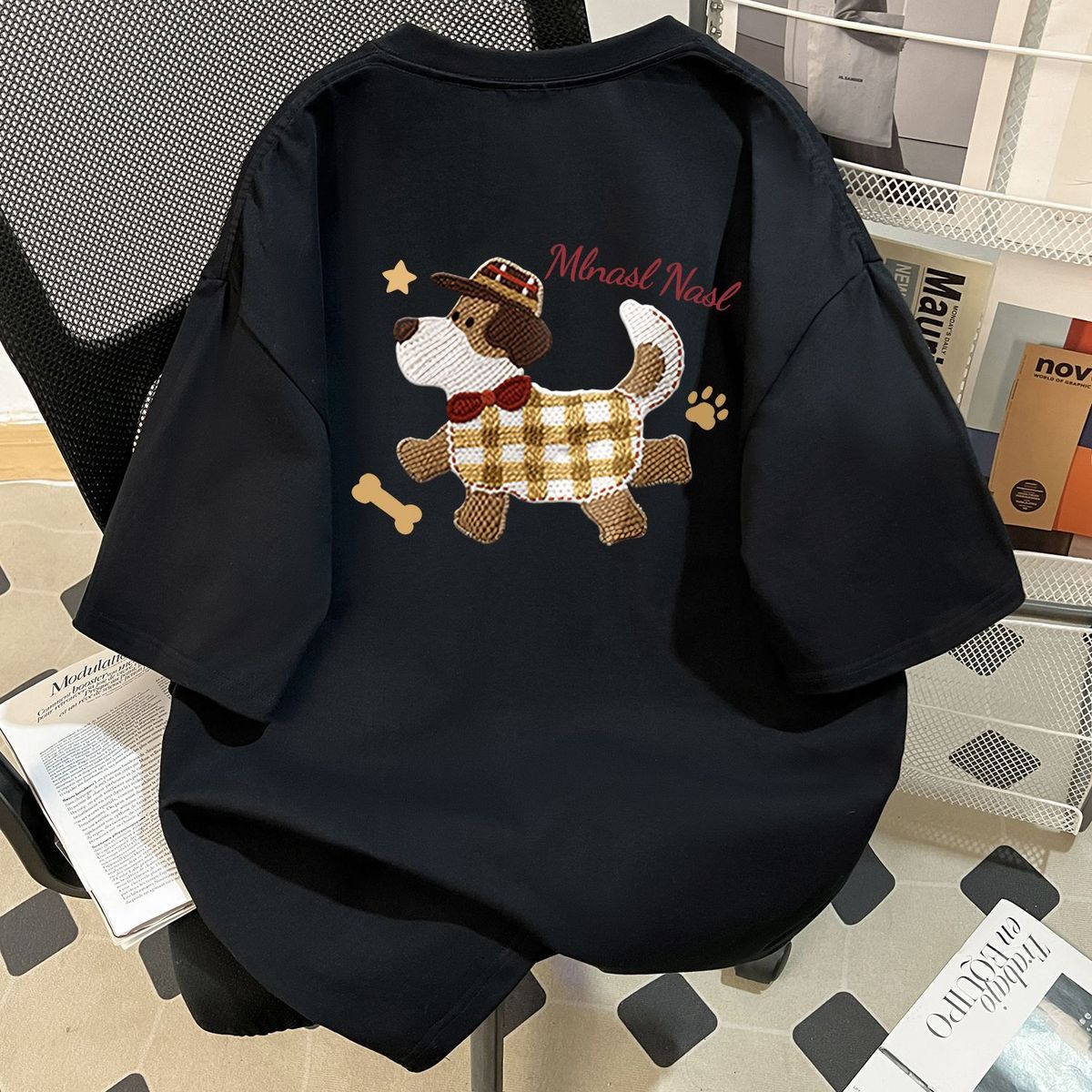 美式潮牌毛絨狗印花寬鬆休閒百搭短袖T恤