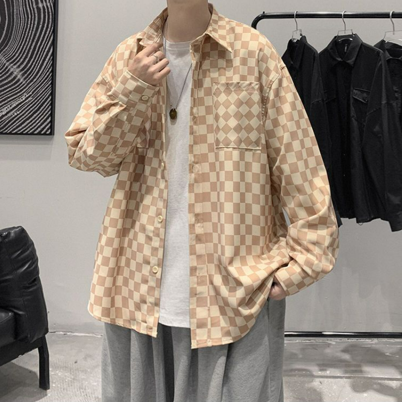 【整套】痞帥帥氣棋盤格襯衣外套+白T恤+百搭休閑褲+項鏈+襪子五件套