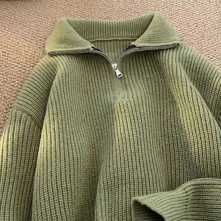 半拉鍊高領素色韓系慵懶風百搭休閒針織毛衣