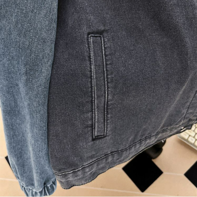 港風復古設計感拼接撞色翻領夾克百搭牛仔外套