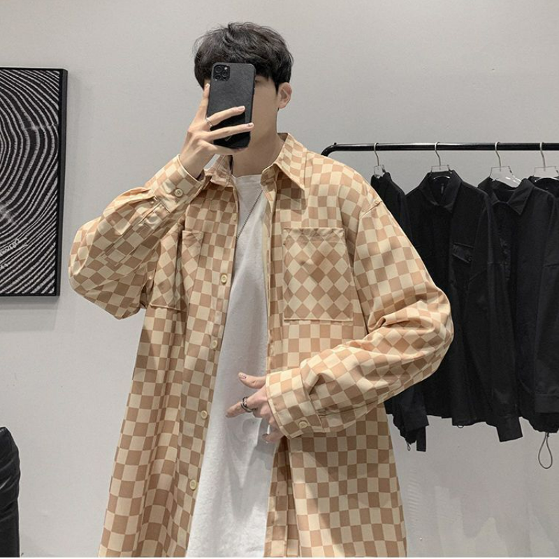 【整套】痞帥帥氣棋盤格襯衣外套+白T恤+百搭休閑褲+項鏈+襪子五件套