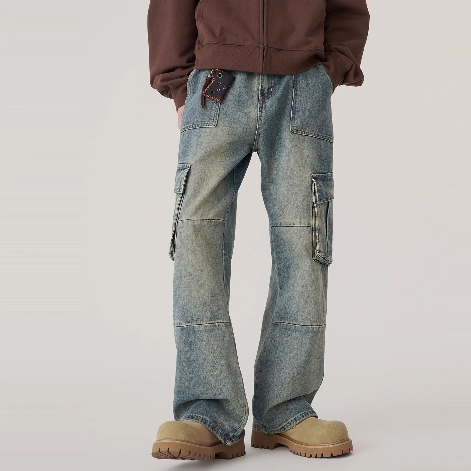 潮流多口袋工裝寬鬆直筒高街美式復古拼接牛仔褲