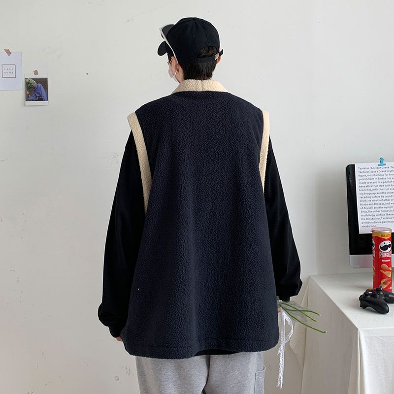 日系寬鬆復古無袖羊羔毛港風毛絨馬甲外套