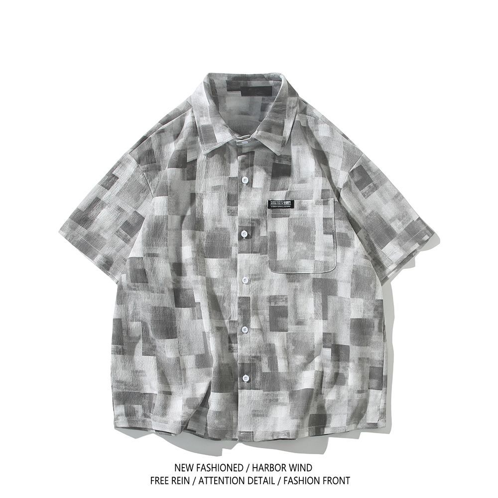 美式復古格子寬鬆薄款痞帥休閑短袖襯衫