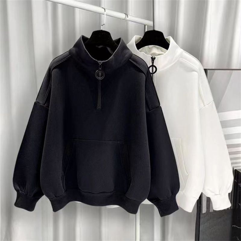 大碼港風百搭寬松運動休閑加絨半高領拉鏈衛衣