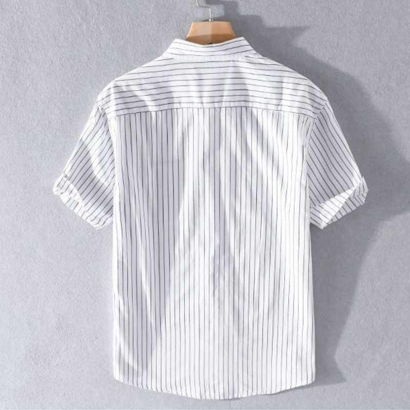 日系條紋刺繡翻領薄款寬鬆休閒短袖襯衫