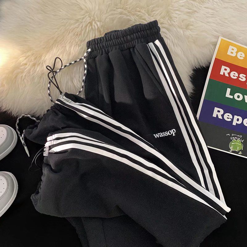 潮流束腳寬鬆百搭闊腿三條桿條紋運動休閒褲