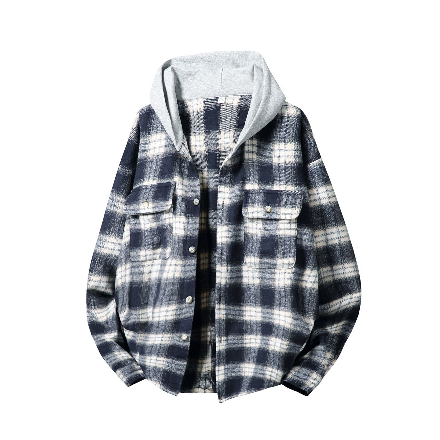 寬鬆復古磨毛格子撞色拼接連帽長袖襯衫外套