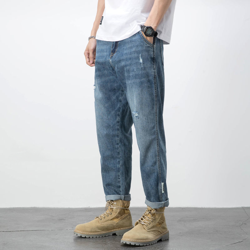 破洞牛仔直筒九分工裝褲裝