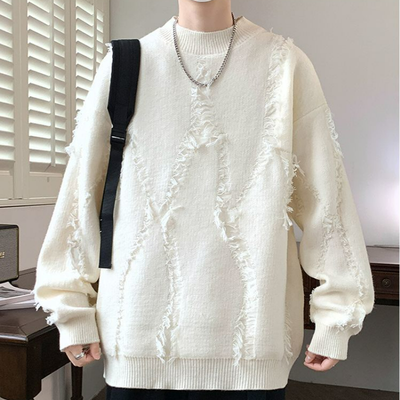 時尚潮流破洞款加厚圓領長袖針織毛衣