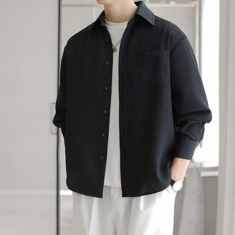 【單件/套裝】輕熟風高級感華夫格襯衫+長袖T恤+直筒休閒西褲三件套裝