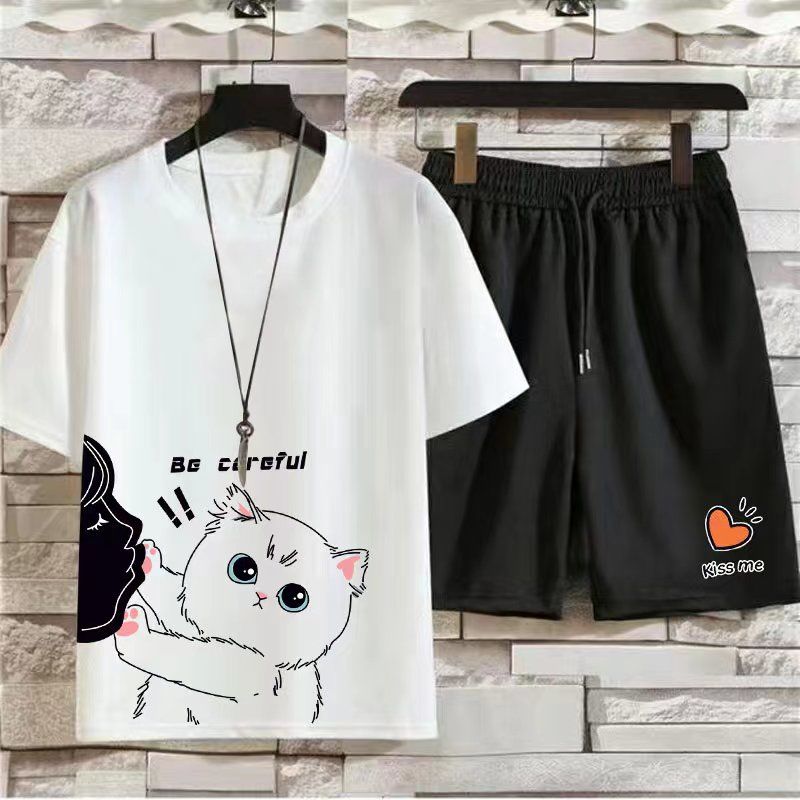 青少年休閒男學生夏季新款修身韓版t恤潮牌短袖短褲1/2件運動套裝