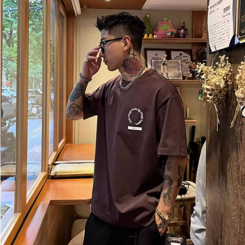 大碼美式百搭純棉印花寬鬆時尚圓領短袖t恤