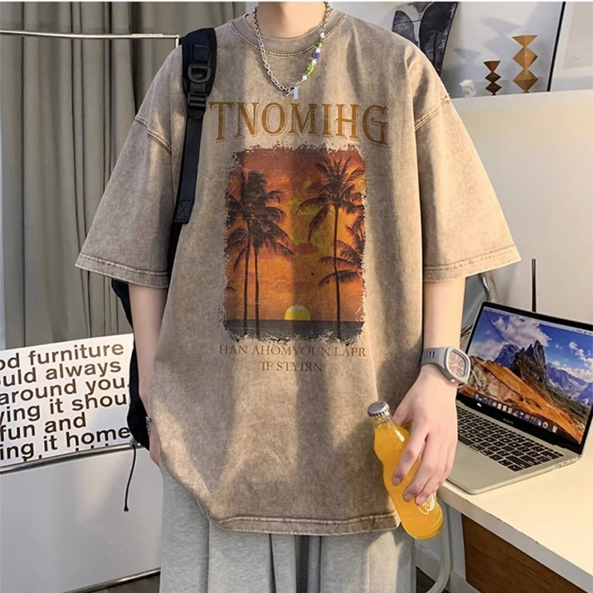 【整套】美式復古潮流高街短袖t恤+薄款休閑牛仔短褲兩件套