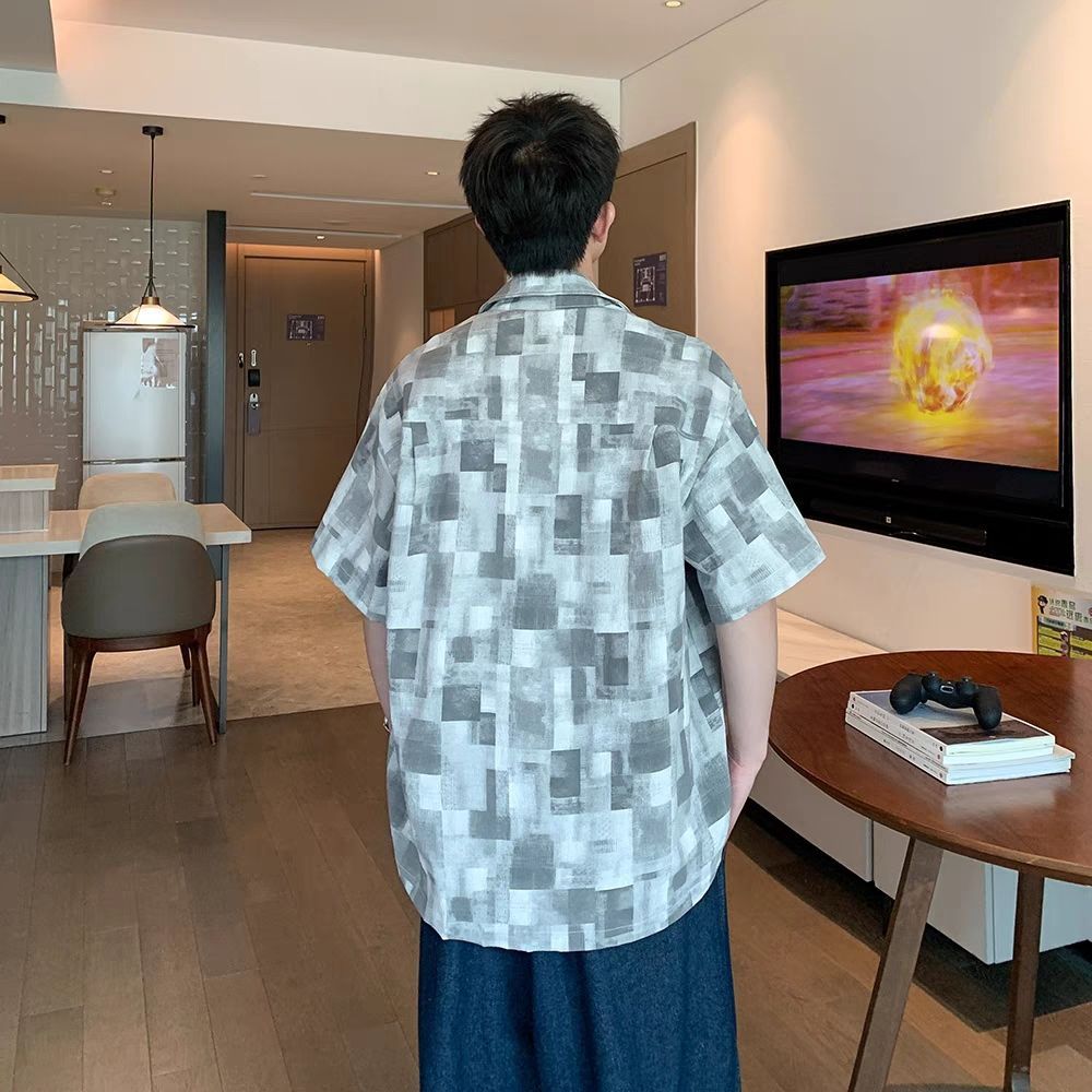 美式復古格子寬鬆薄款痞帥休閑短袖襯衫