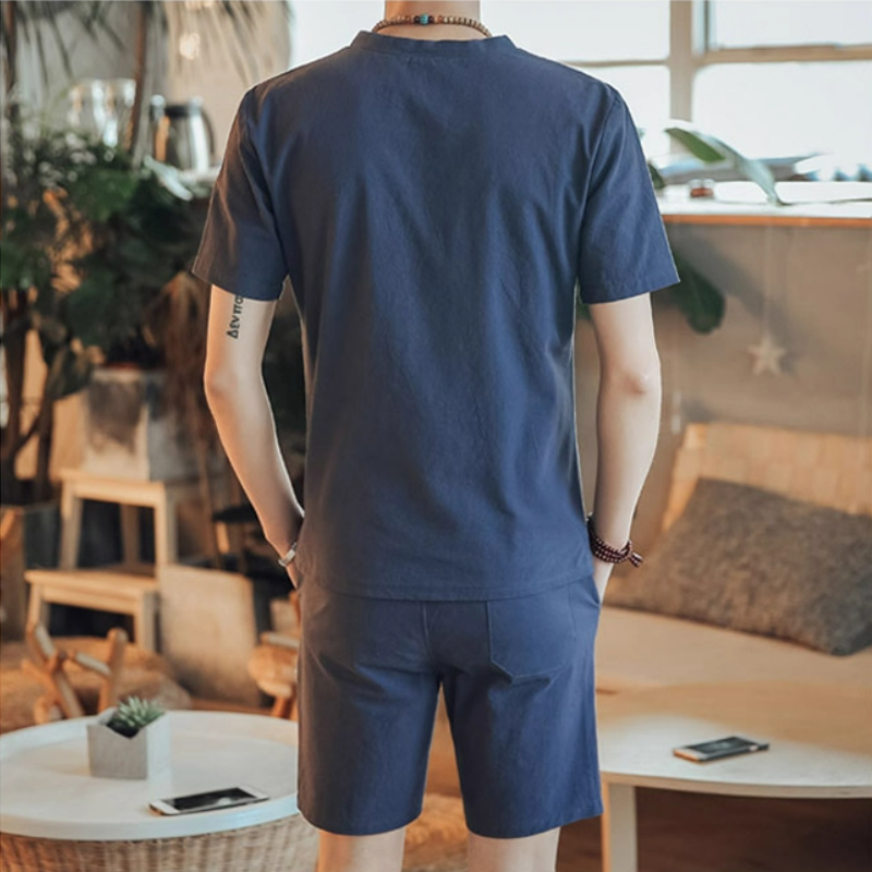 亞麻純色休閒寬鬆中國風復古棉麻v領短袖t恤