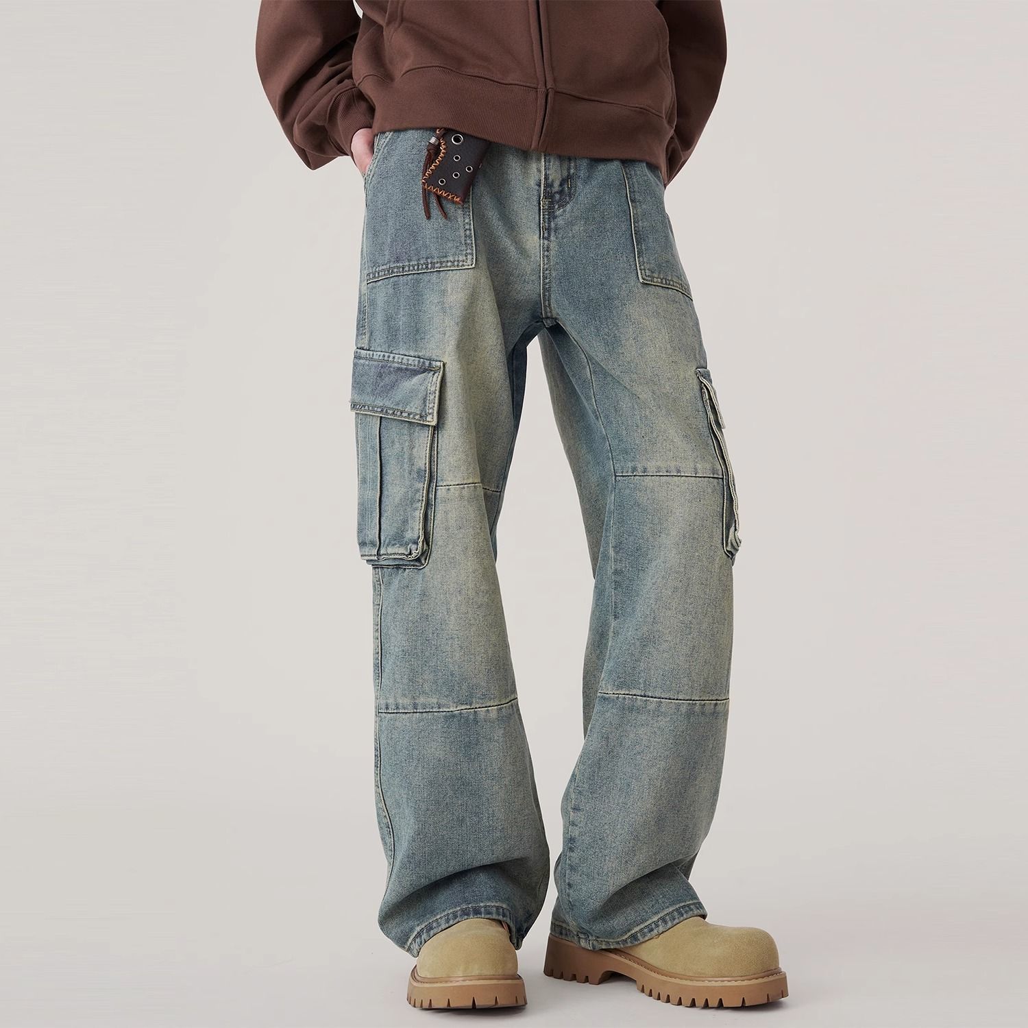 潮流多口袋工裝寬鬆直筒高街美式復古拼接牛仔褲