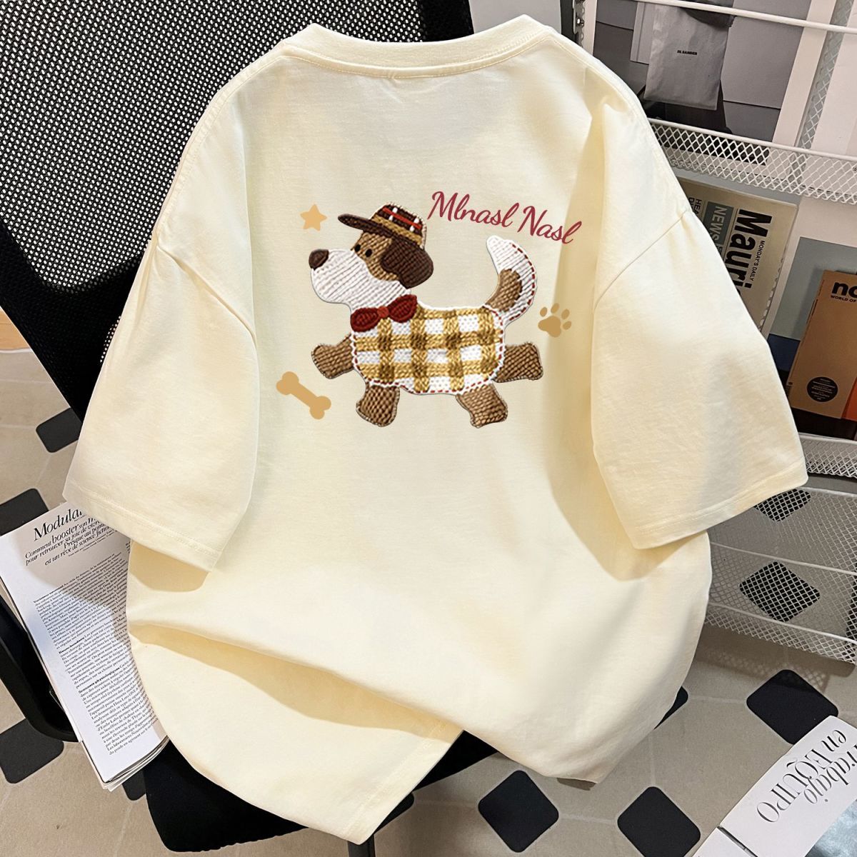 美式潮牌毛絨狗印花寬鬆休閒百搭短袖T恤