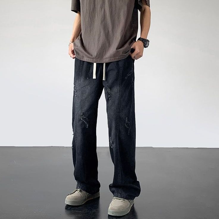 時尚潮流寬鬆闊腿直筒破洞牛仔褲