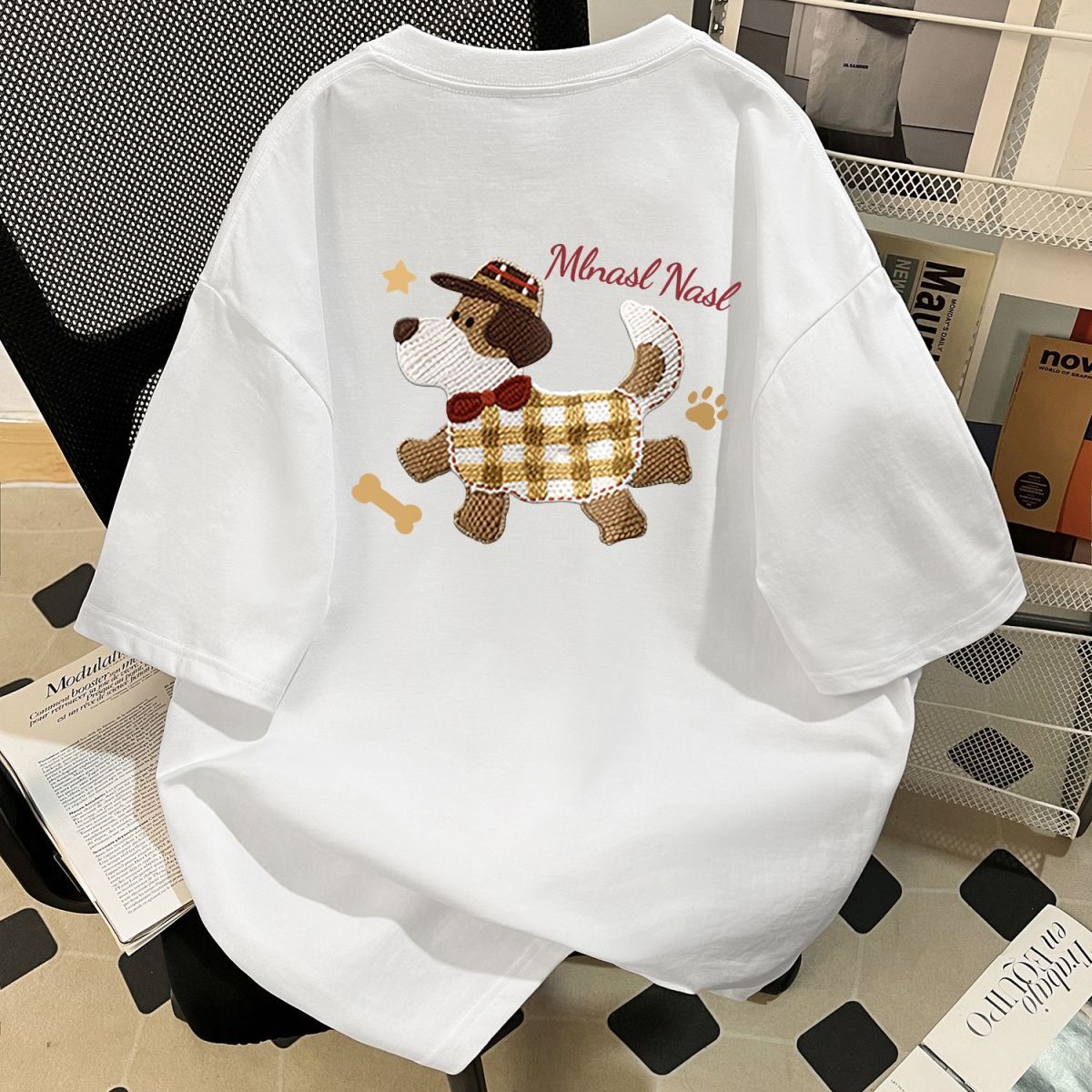 美式潮牌毛絨狗印花寬鬆休閒百搭短袖T恤