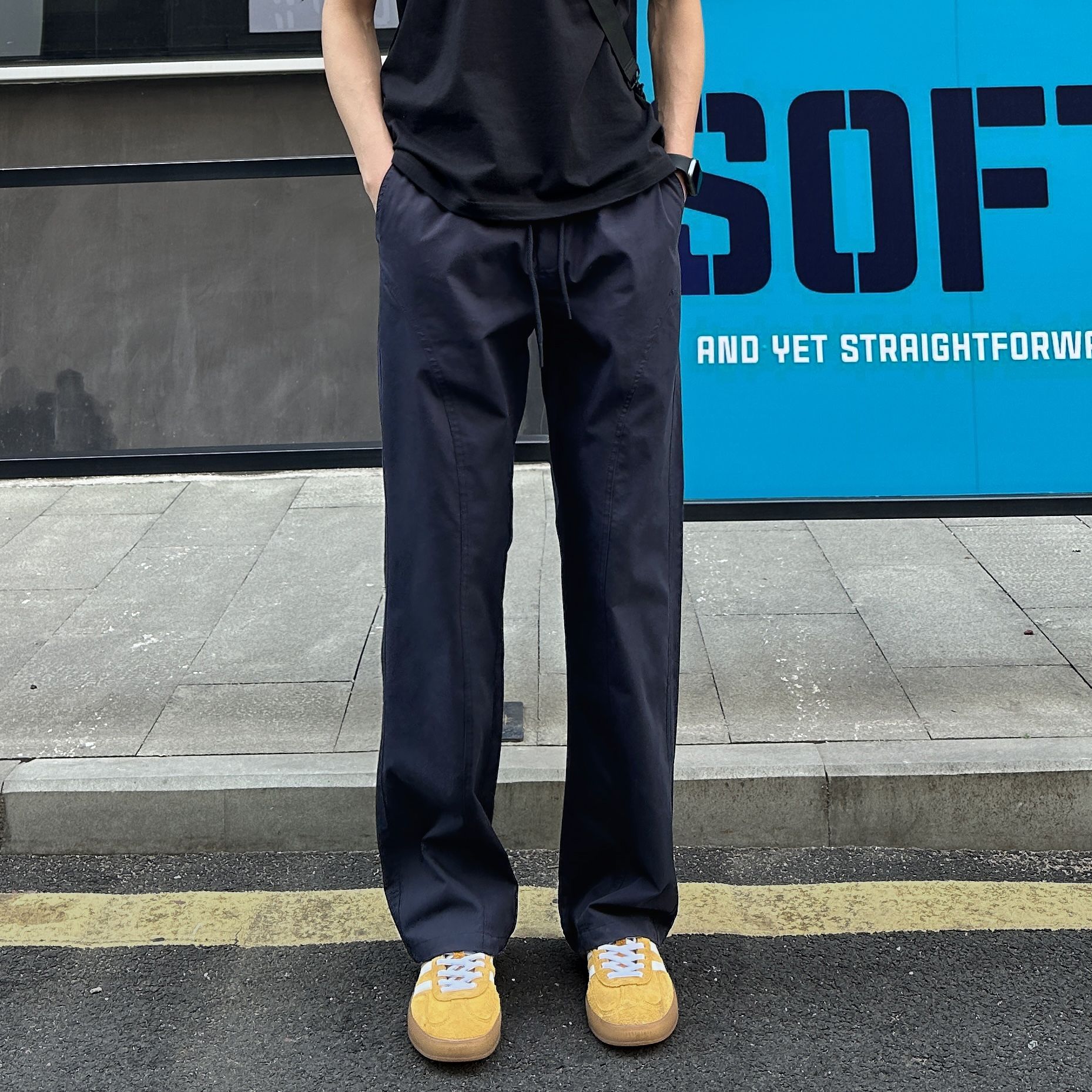 百搭斜切薄款顯高顯瘦涼感直筒休閒褲裝