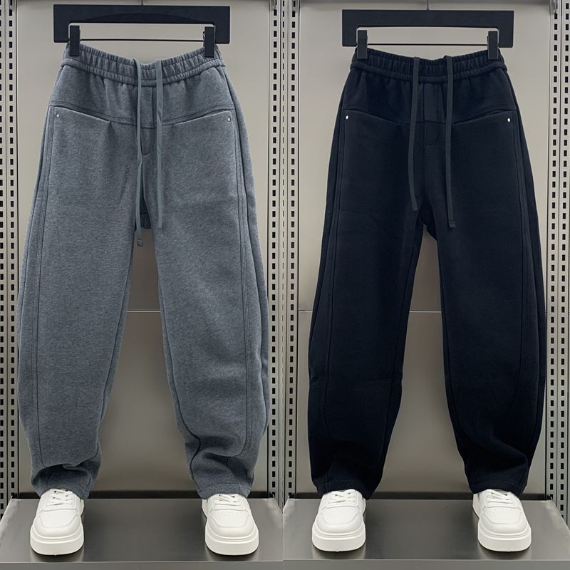 潮牌痞帥百搭素色直筒休閒運動彎刀褲