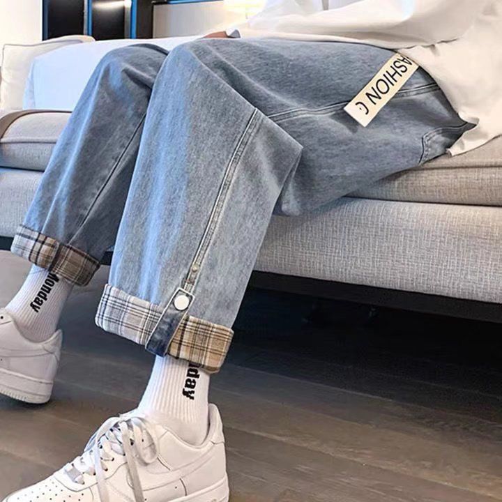 翻邊格子牛仔ins潮直筒九分褲裝