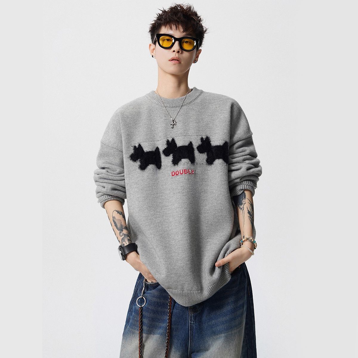 美式重磅高街休閒圓領卡通印花針織毛衣