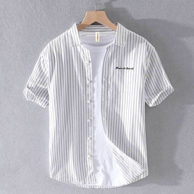 日系條紋刺繡翻領薄款寬鬆休閒短袖襯衫