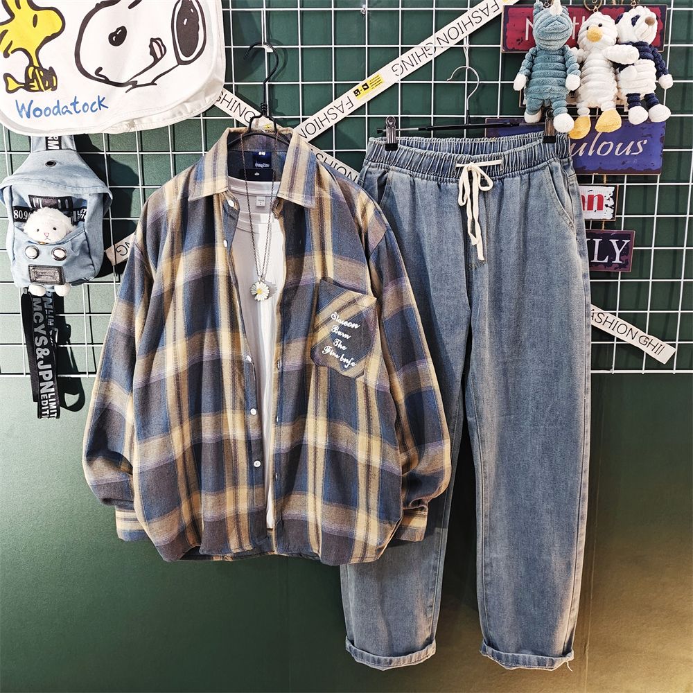 【單件/套裝】日系ins高街格子長袖襯衫 百搭T恤 帥氣休閒牛仔褲褲裝三件套套裝