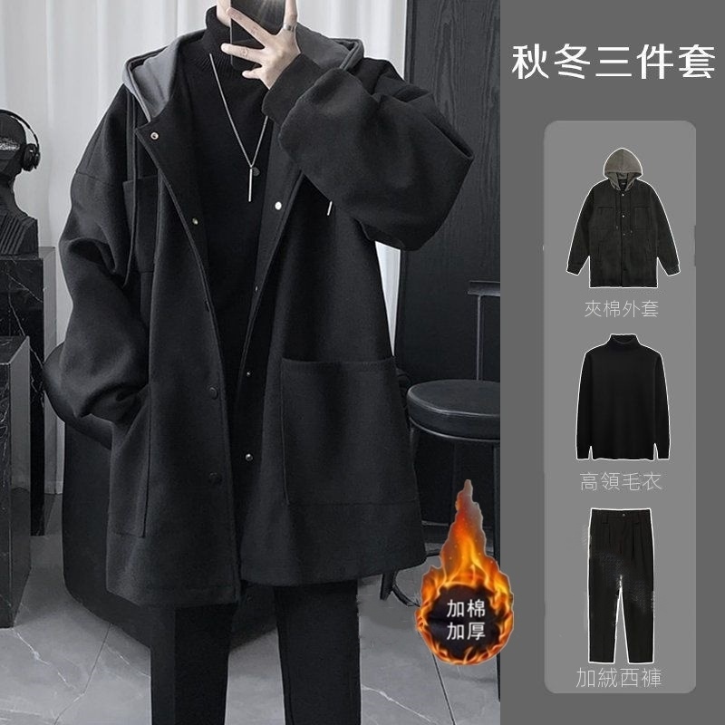 【單件/套裝】中長款夾棉連帽毛呢外套+黑色高領毛衣+加絨百搭西褲三件套裝