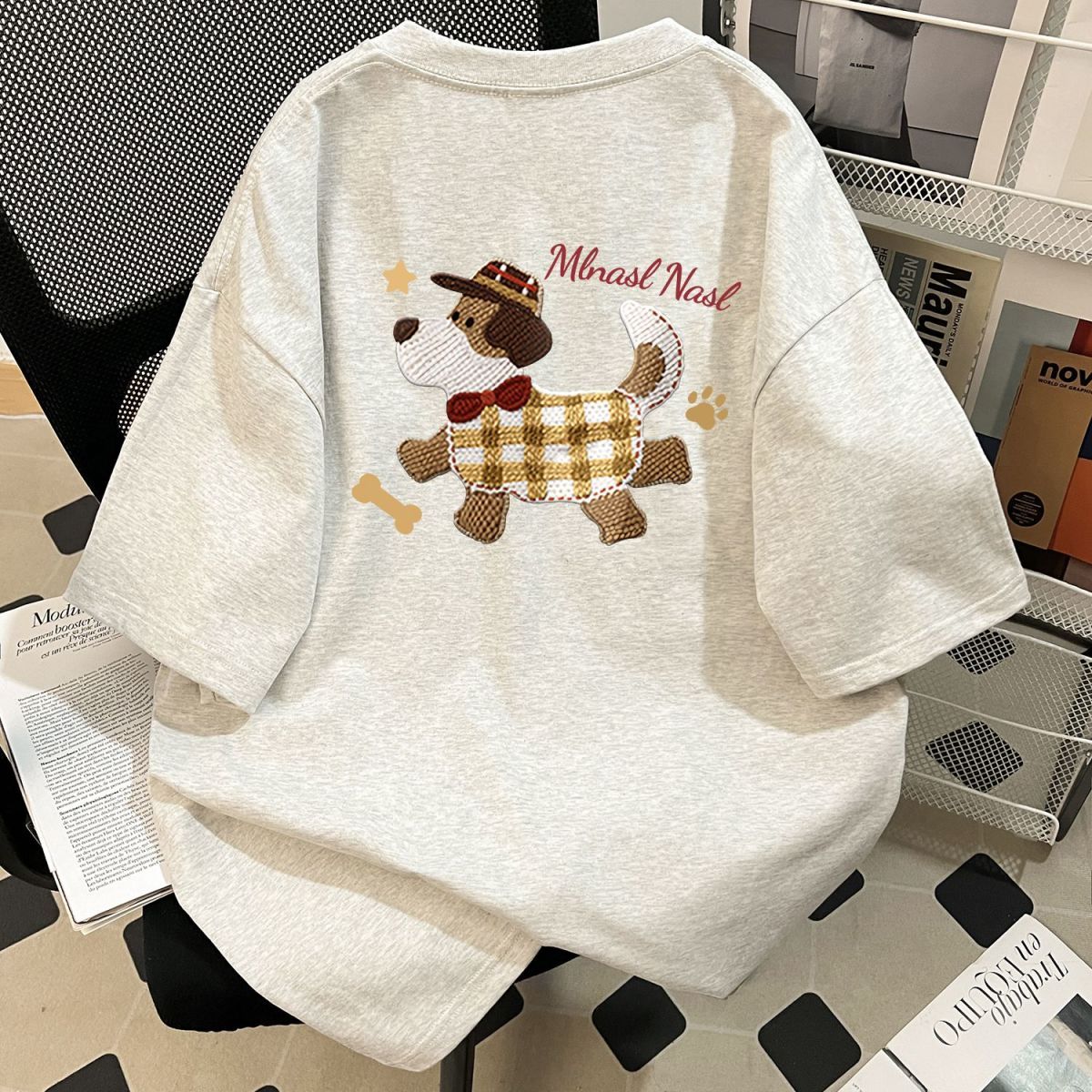 美式潮牌毛絨狗印花寬鬆休閒百搭短袖T恤